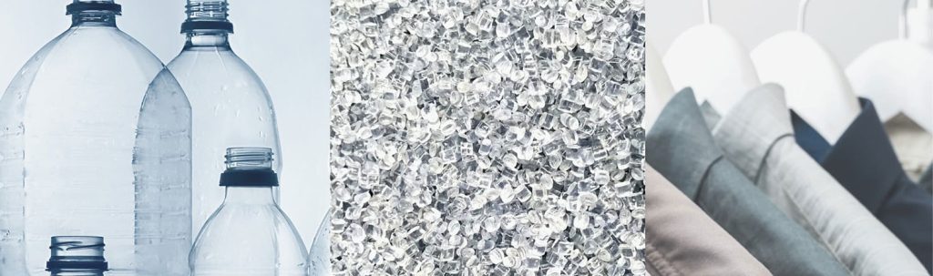 collage of plastic bottles, particles and reusable form in clothing to represent plastic processing industry