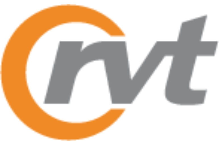 logo rvt in grey and orange against white background