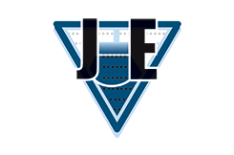 logo je in blue, white and black
