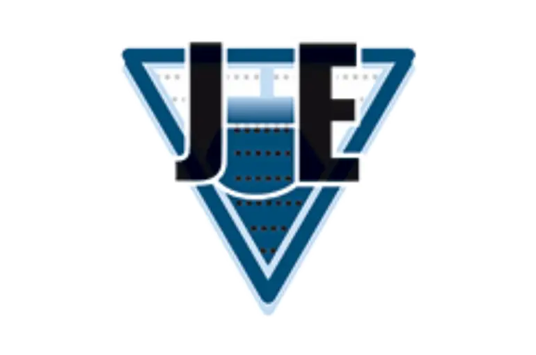 logo je in blue, white and black