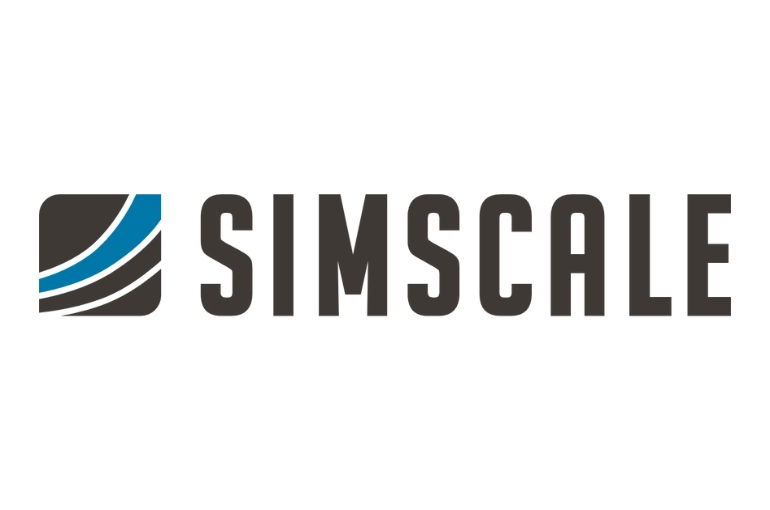 logo simscale in black and blue against white background